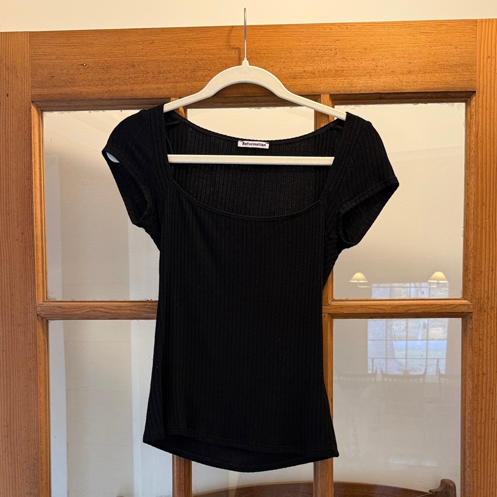 Reformation Black Ribbed Short Sleeve Top